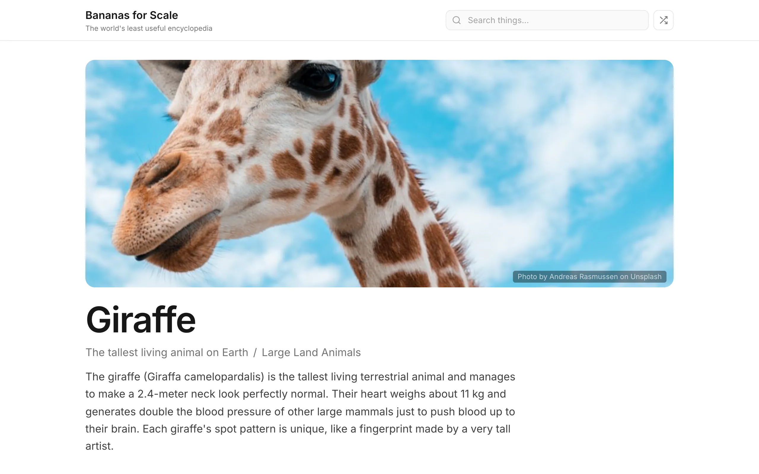 Screenshot of the Giraffe entry on Bananas for Scale, showing measurements converted to silly units