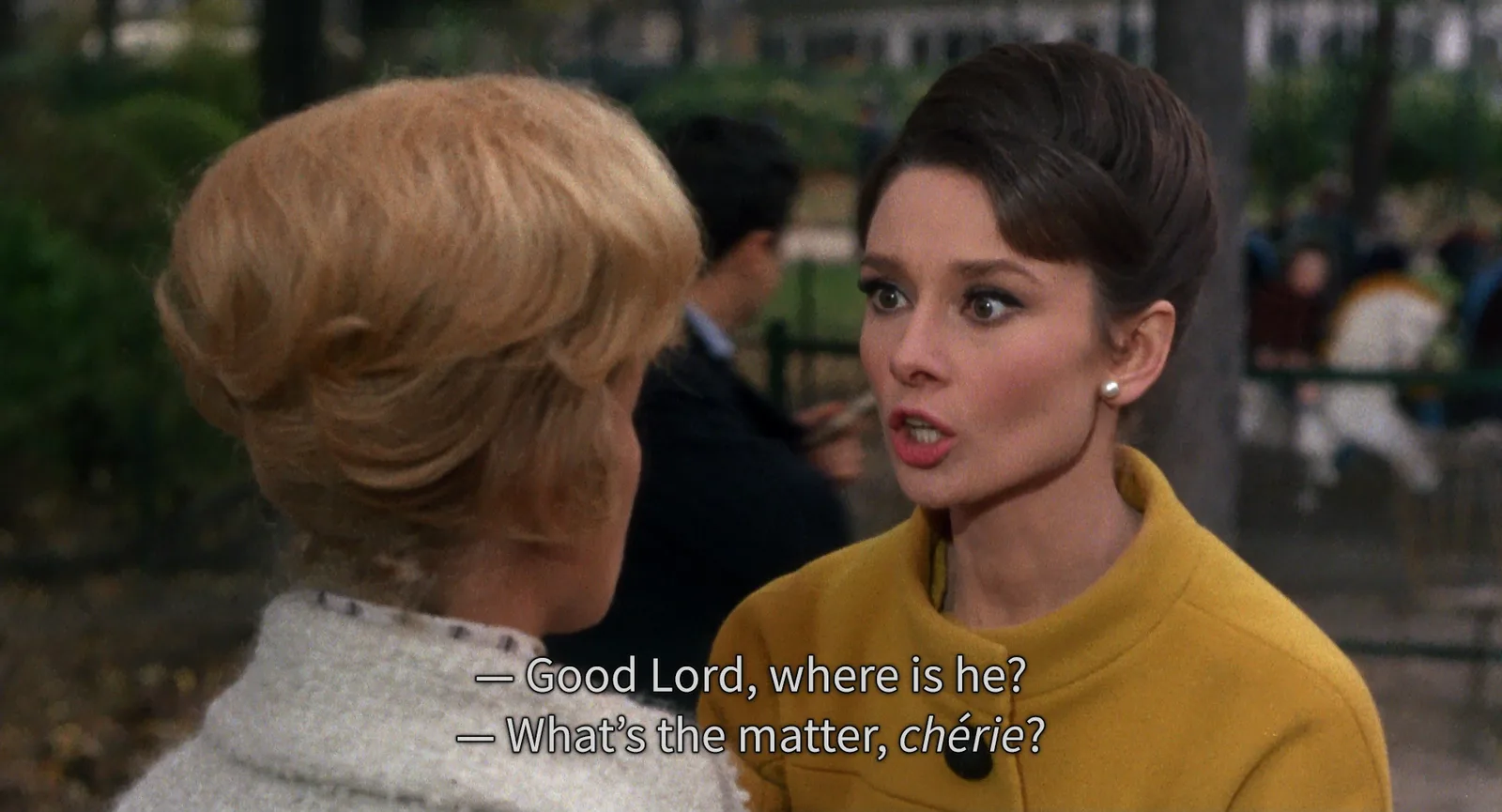 Frame from Charade (1963) with two subtitle lines, each beginning with a dash to mark a different speaker