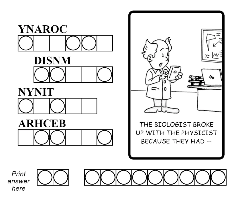 Example of a Jumble word scramble puzzle with scrambled words to unscramble