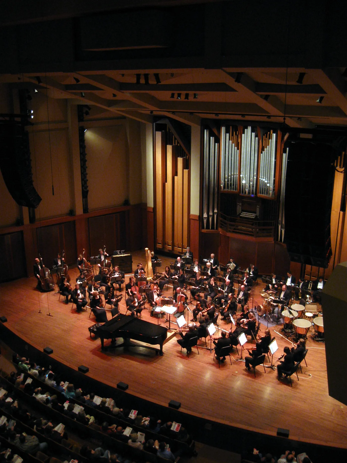 Symphony orchestra on a wide concert hall stage