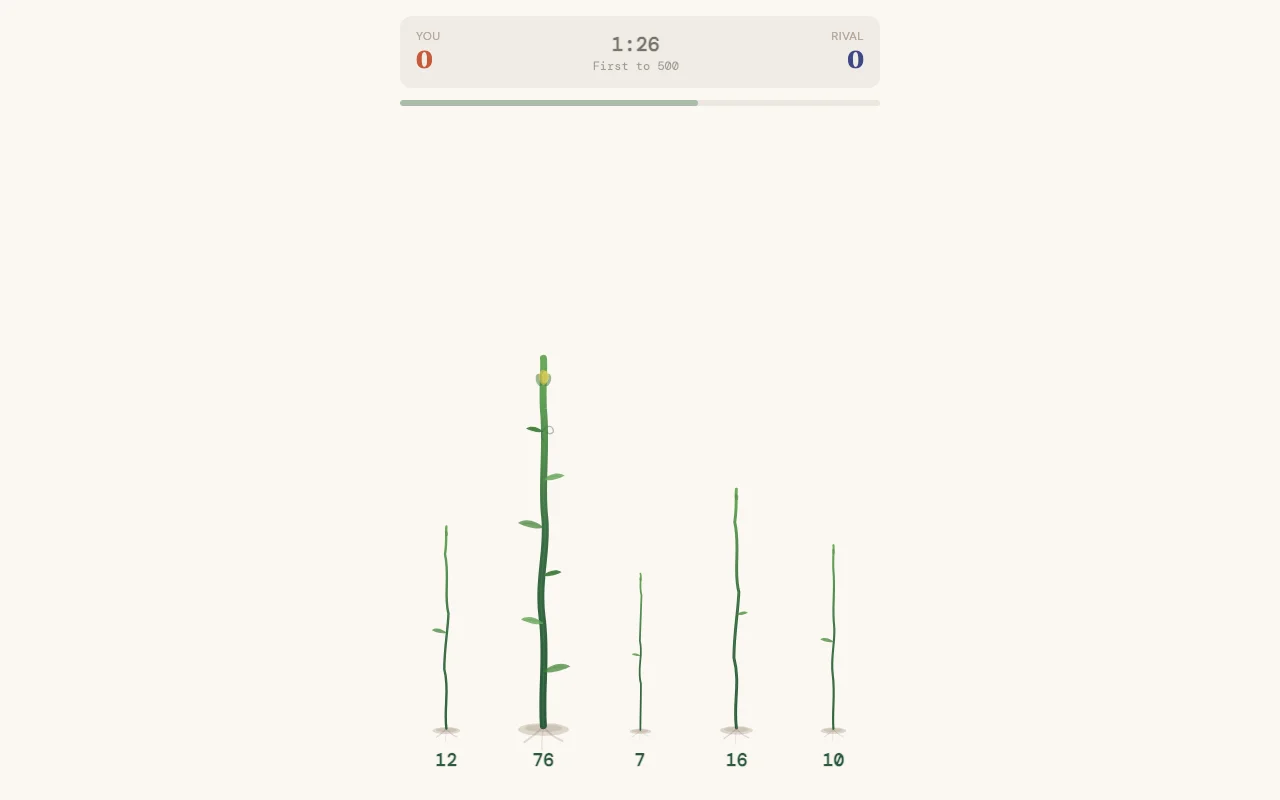 Solo gameplay showing five vines with numbers at their bases, a scoreboard, and timer