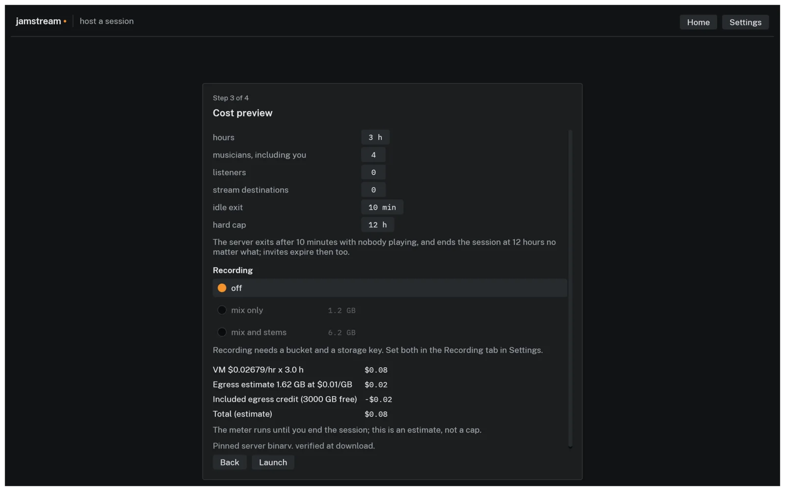 Cost preview step showing idle exit, hard cap, recording options, and an estimated total of $0.08 for a three hour session
