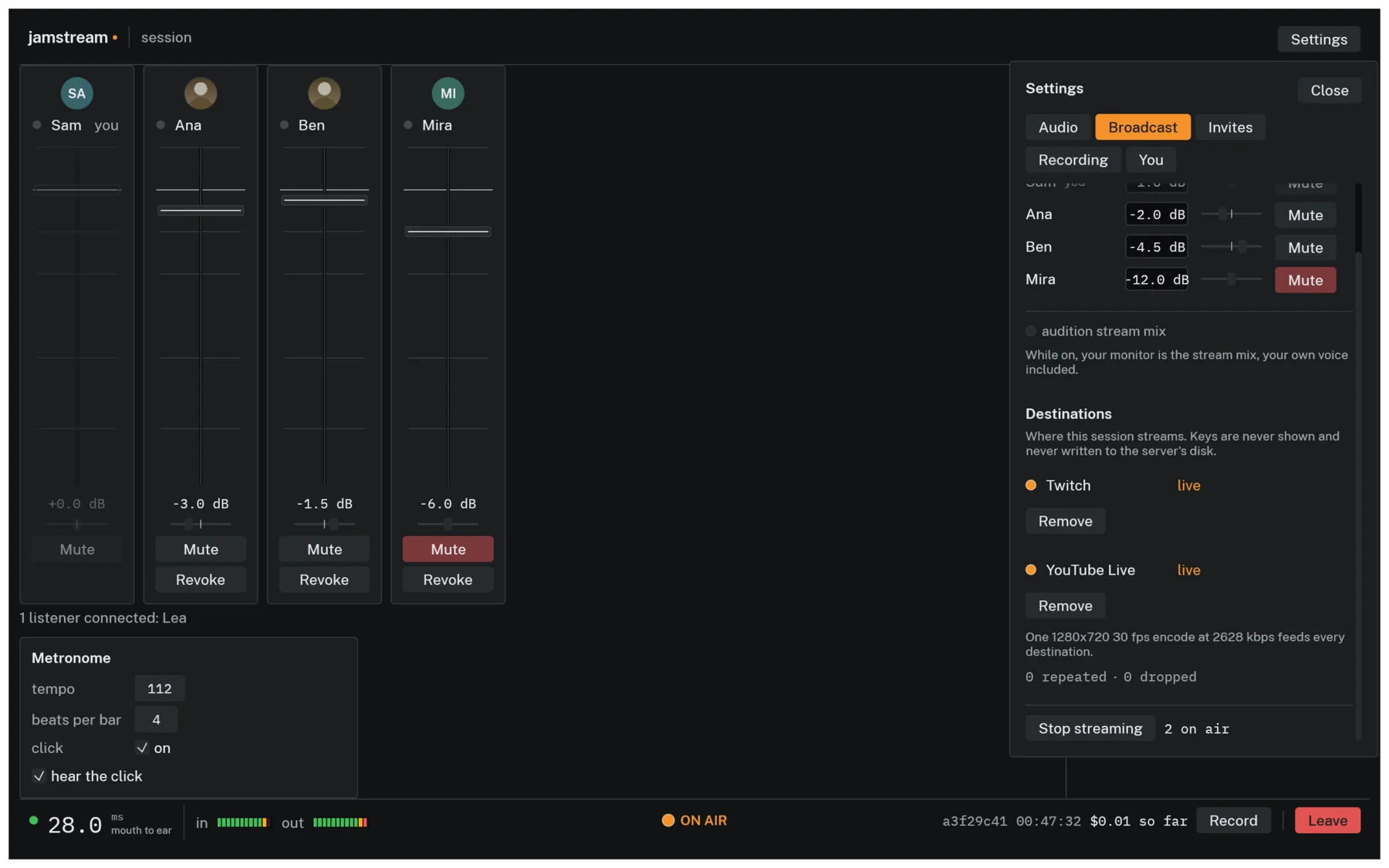 Broadcast settings panel with independent stream mix faders and Twitch and YouTube Live destinations both live