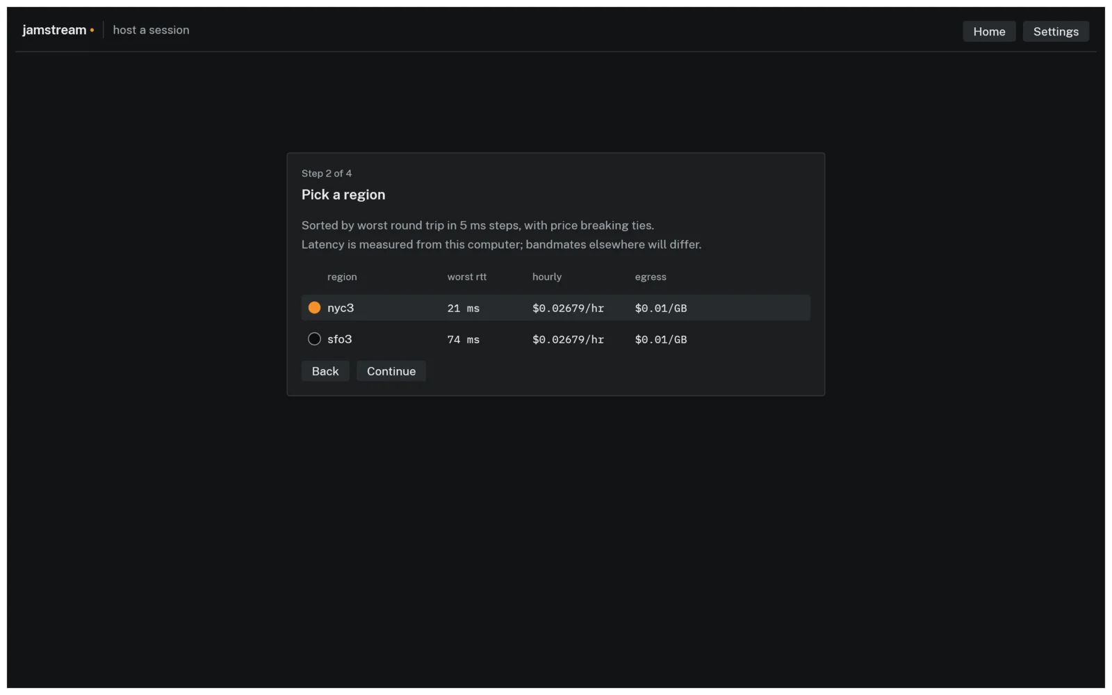 Host wizard region picker showing nyc3 at 21 ms and sfo3 at 74 ms worst round trip, with hourly and egress prices