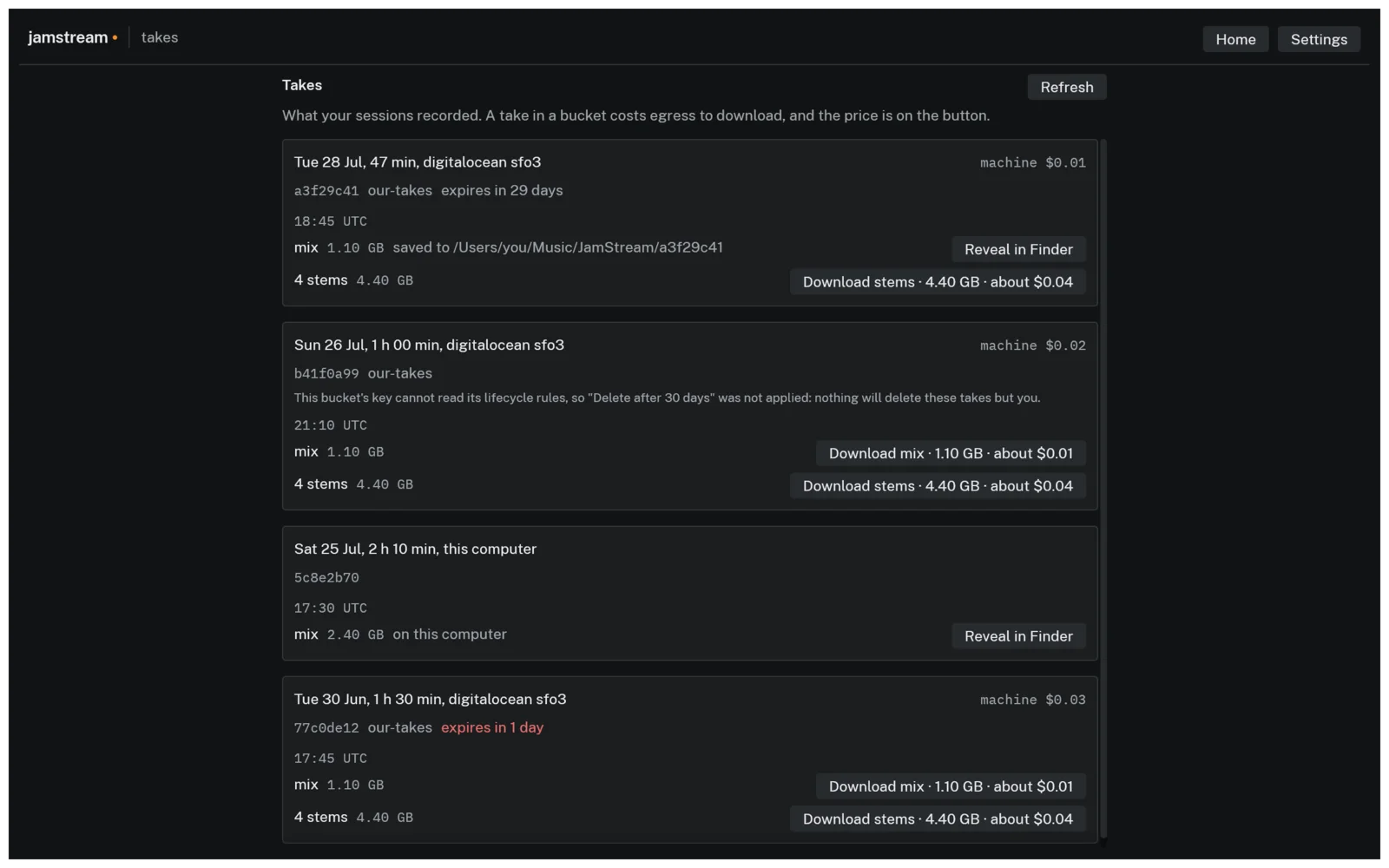 Takes screen listing recorded sessions with mix and stems download buttons, sizes, prices, and expiry countdowns
