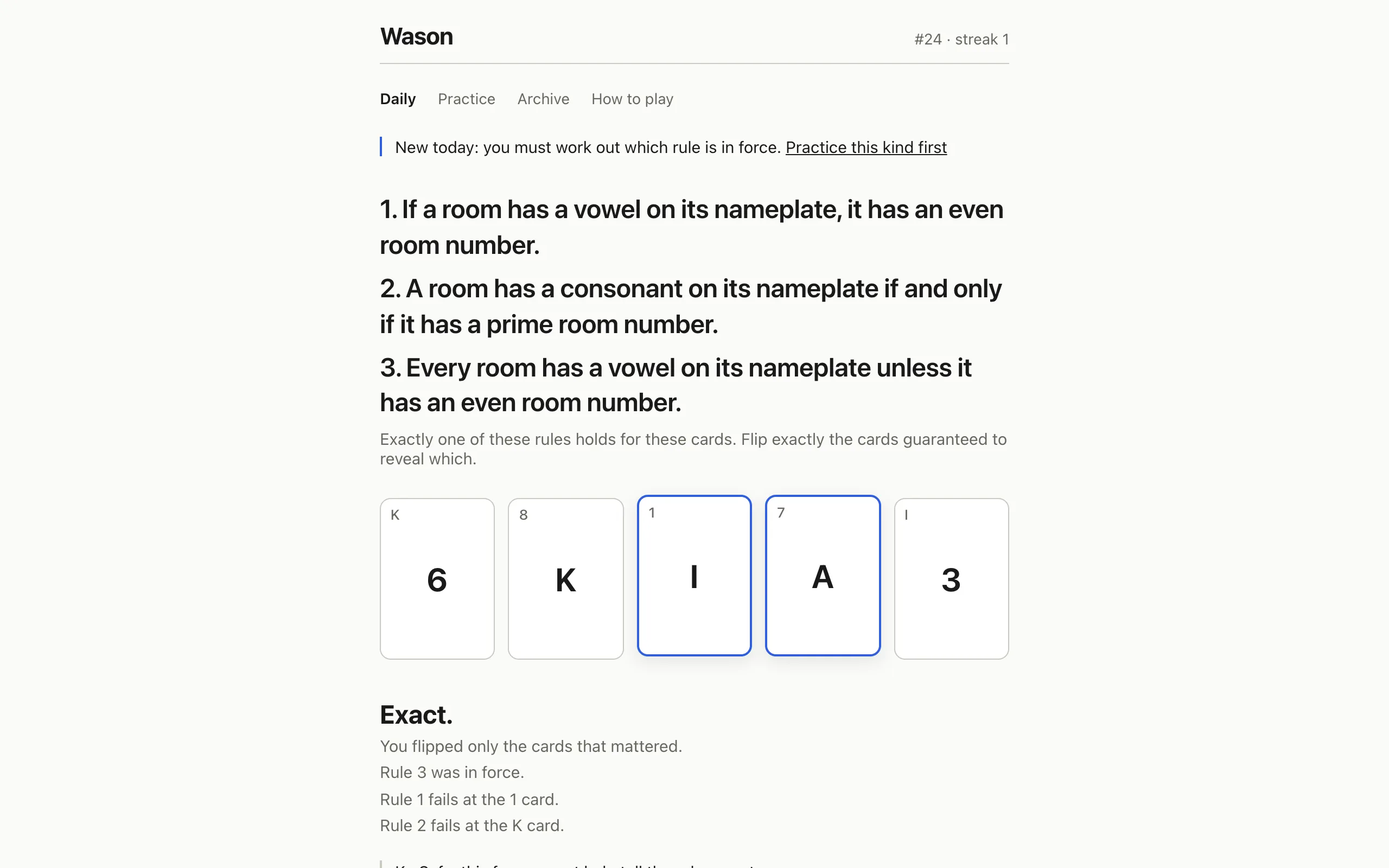 The same puzzle after submitting: the backs of the cards are revealed, the verdict reads Exact, and each card is marked required or safe with a one-line reason