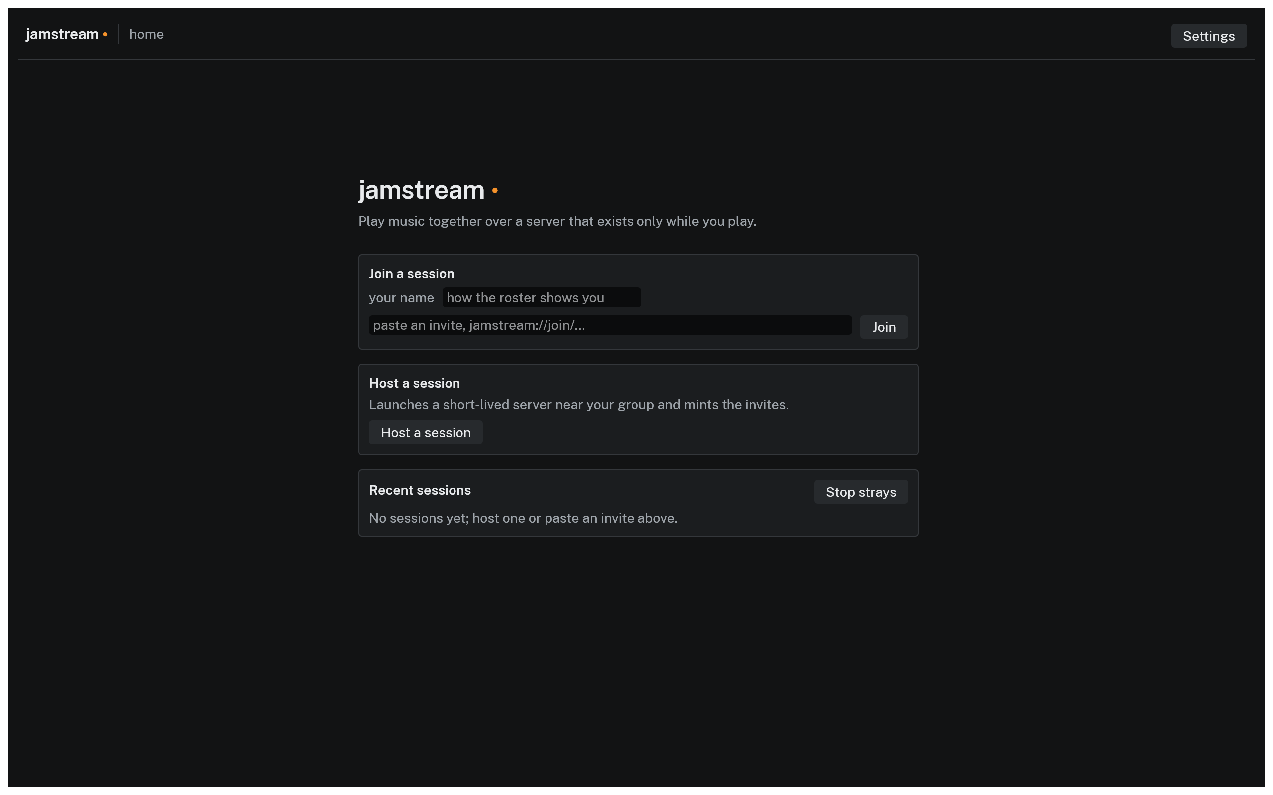 JamStream home screen with a name field, a field to paste an invite, and a button to host a session