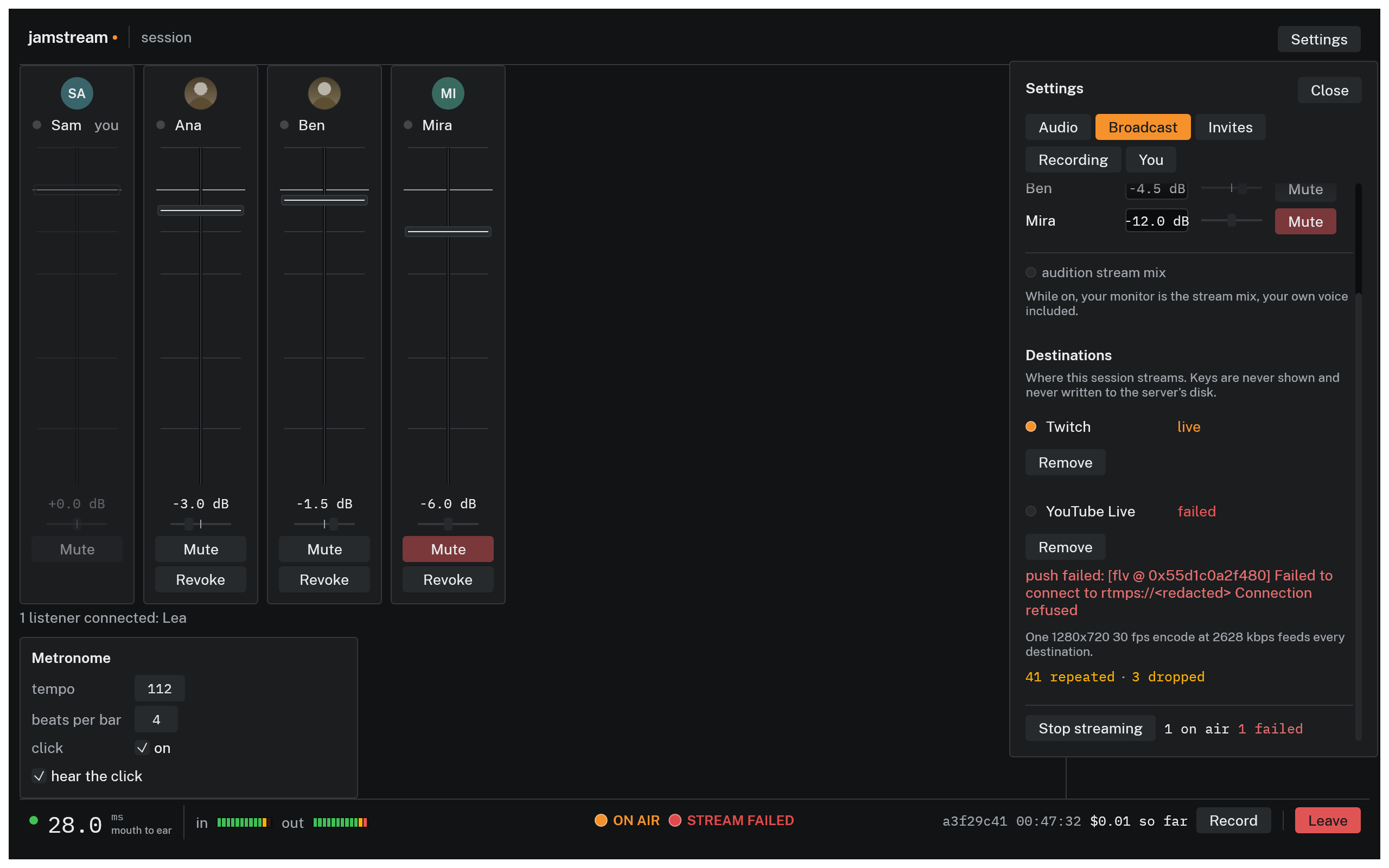 The Broadcast tab with Twitch live and YouTube Live failed, showing the reason, the repeated and dropped frame counts in amber, and STREAM FAILED lit in the status bar