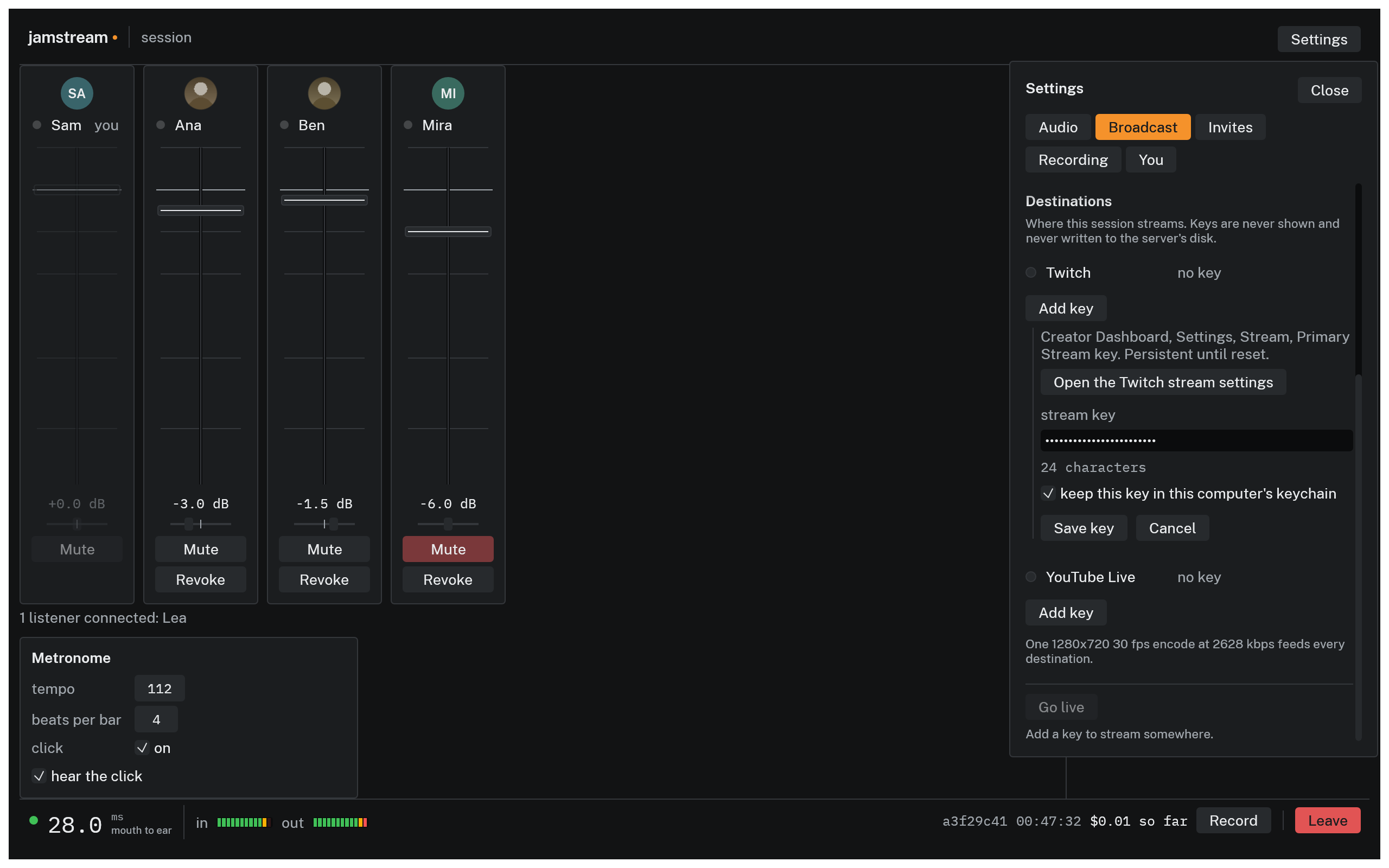 The Broadcast tab with the Twitch key being entered: the field is masked and reads 24 characters under it, with a keychain checkbox and Go live still disabled