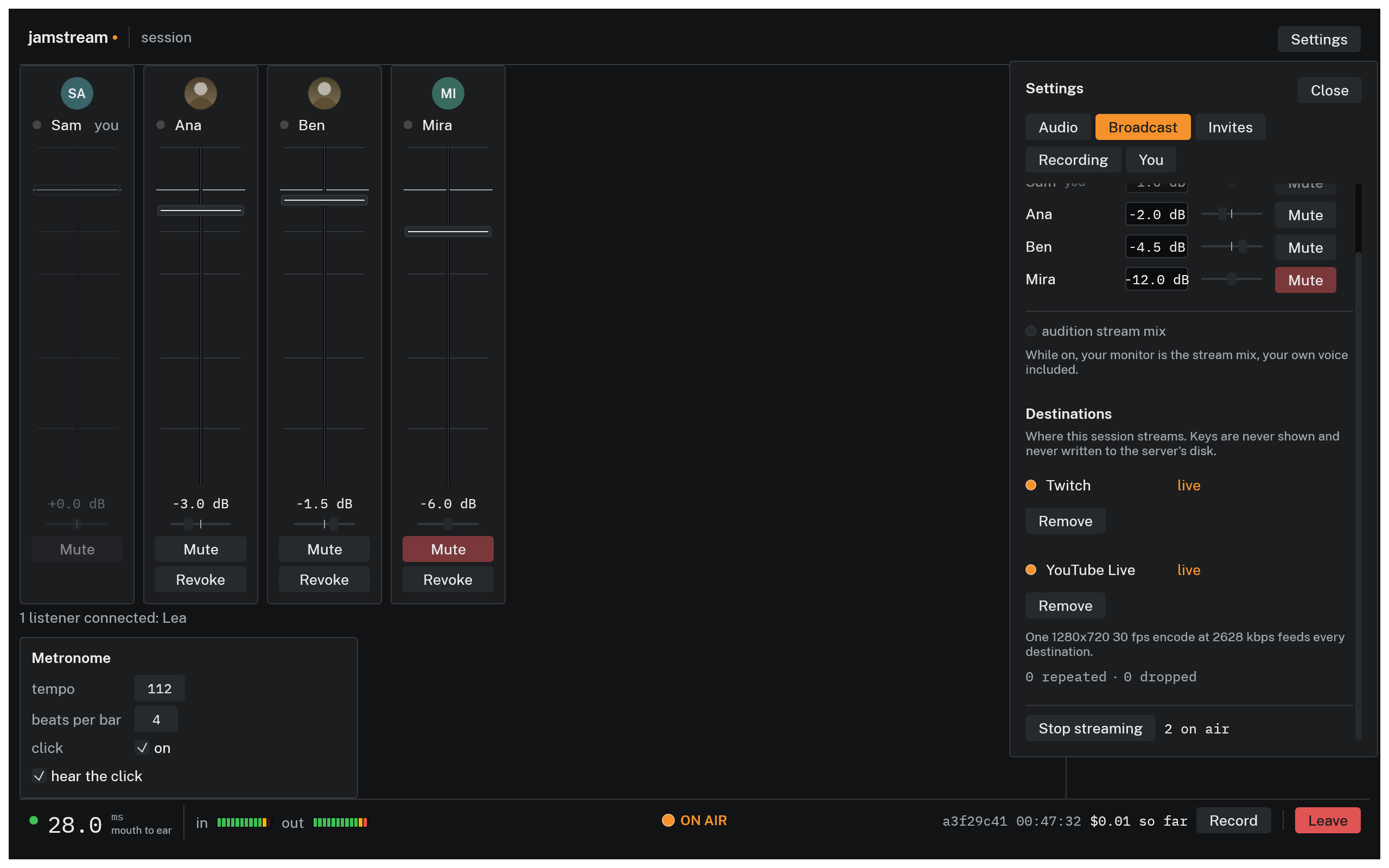 The Broadcast tab of Settings, both Twitch and YouTube Live reading live with no repeated or dropped frames, and ON AIR lit in the status bar