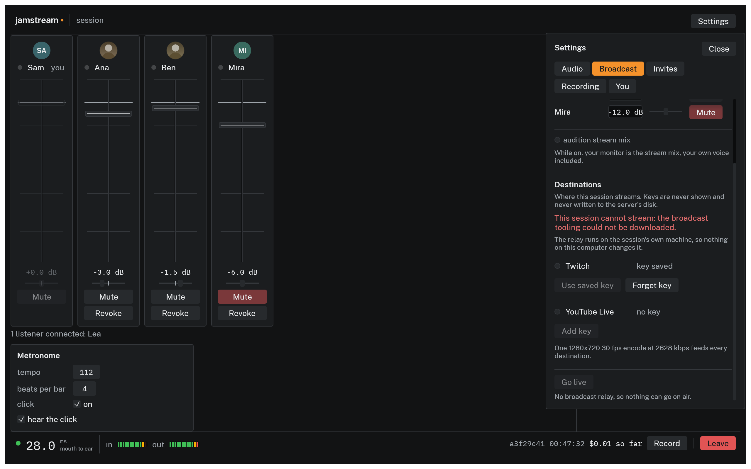 The Broadcast tab reading that this session cannot stream because the broadcast tooling could not be downloaded, with Add key and Go live both disabled