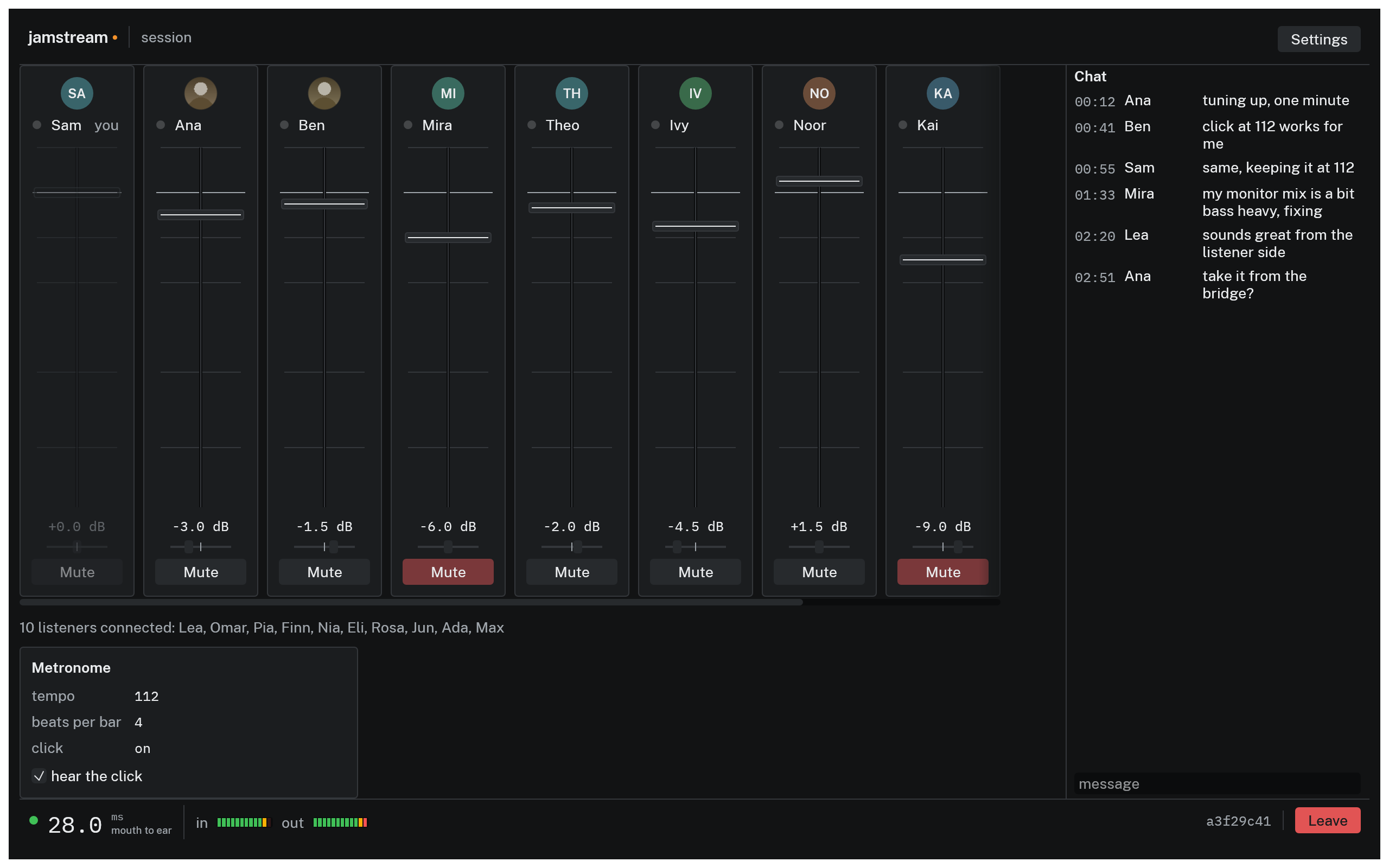 Session screen at capacity, ten mixer strips with a horizontal scrollbar and ten listeners named below
