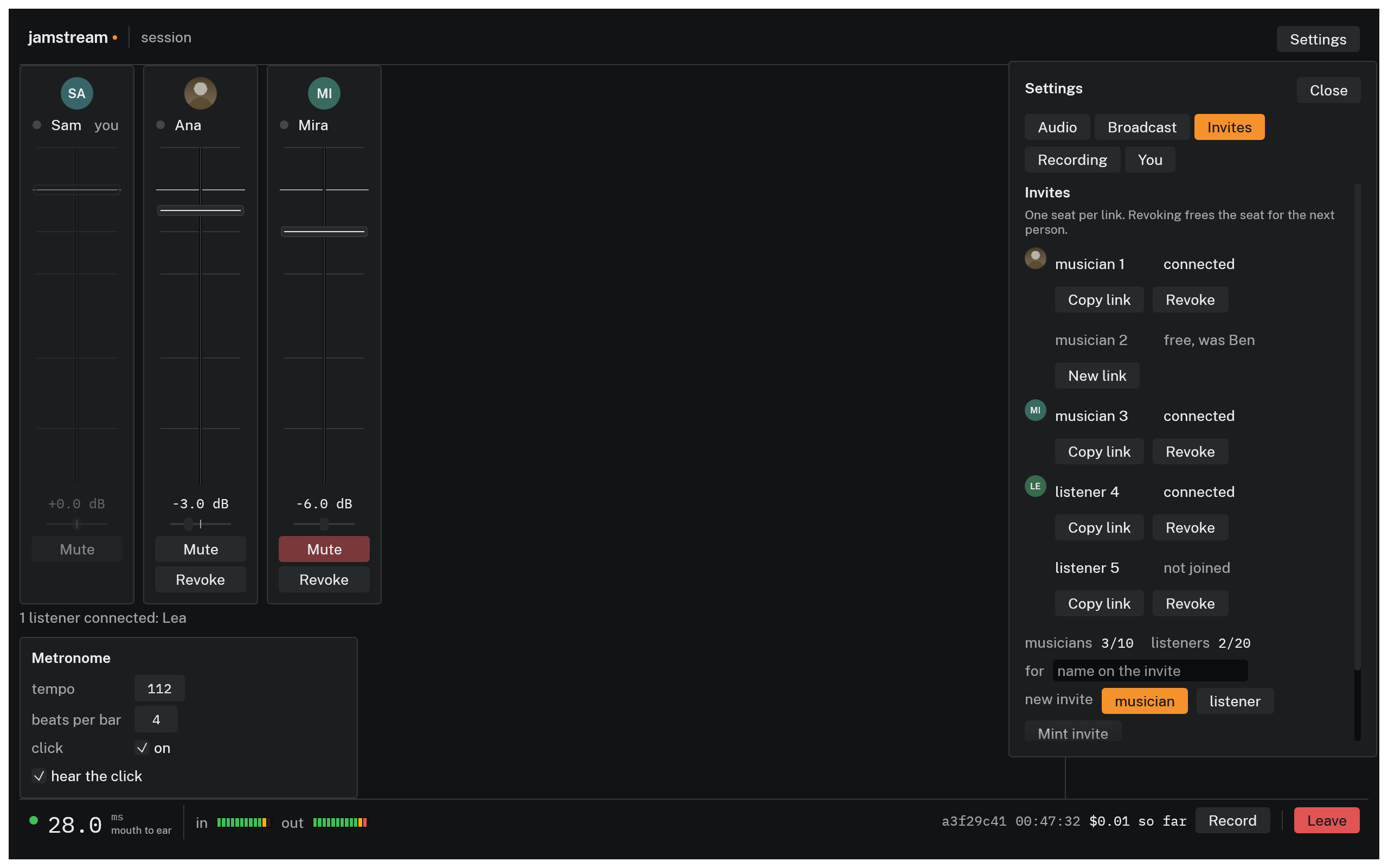 The Invites tab of Settings showing one seat per link: two connected musicians, a free seat that reads was Ben with a New link button, and a seat count of 3 of 10 musicians