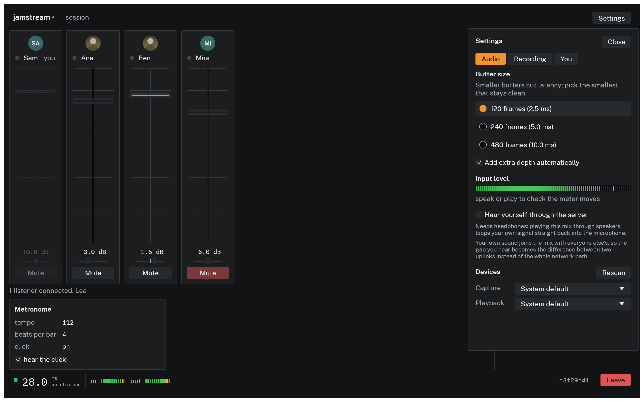 The Audio tab of the Settings drawer beside the session: buffer size choices with the automatic depth checkbox under them, an input level meter, the Hear yourself through the server choice, and capture and playback pickers, with the status bar's mouth to ear figure visible under it all