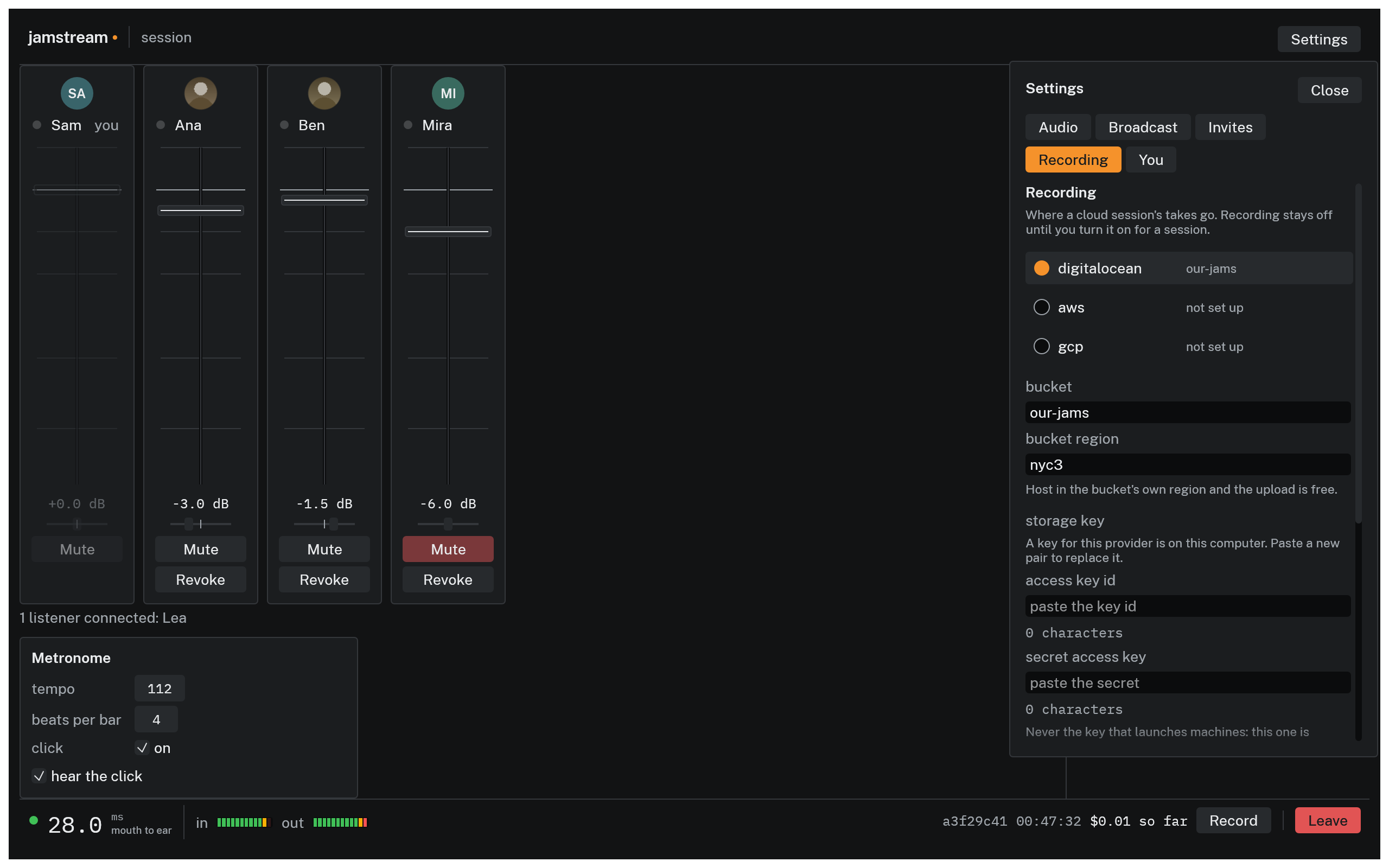 The Recording tab in the settings drawer: one row per provider with its bucket or a setup status, then the bucket, its region, and two masked key fields