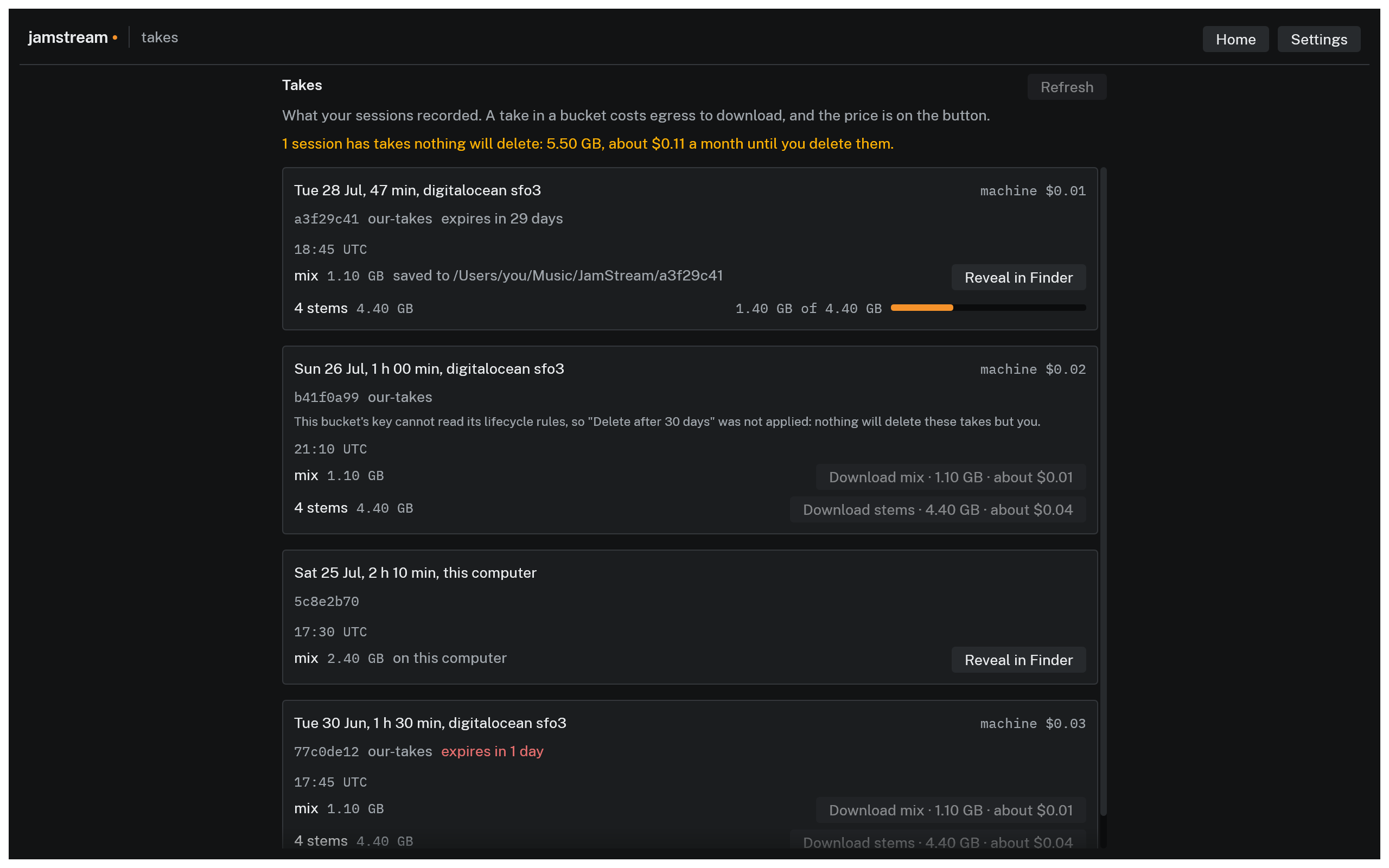 The same screen with a stems download running: the button on that row has been replaced by 1.40 GB of 4.40 GB and a filling bar, and the buttons on the other takes are dimmed