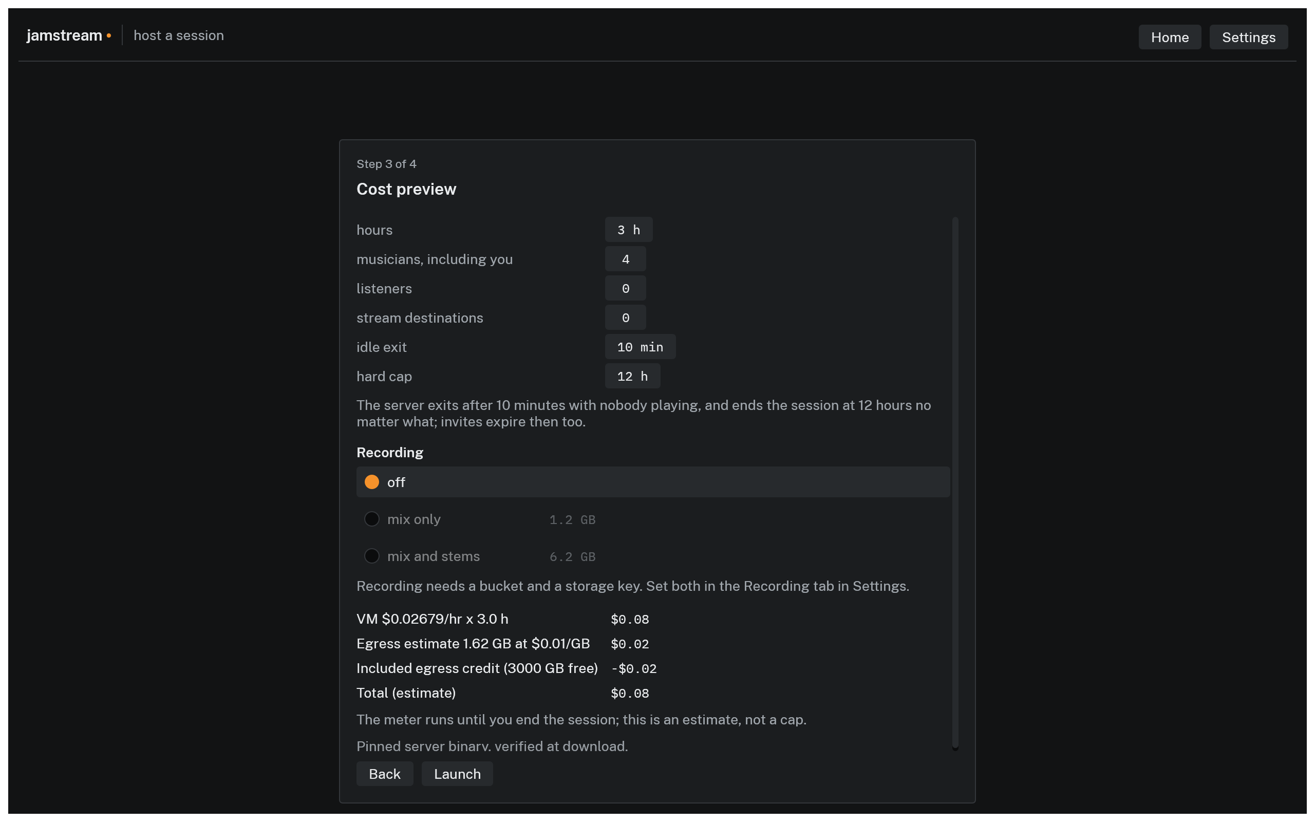 Wizard step 3 of 4, the cost preview with hours, seat counts, and the VM, egress, and credit lines
