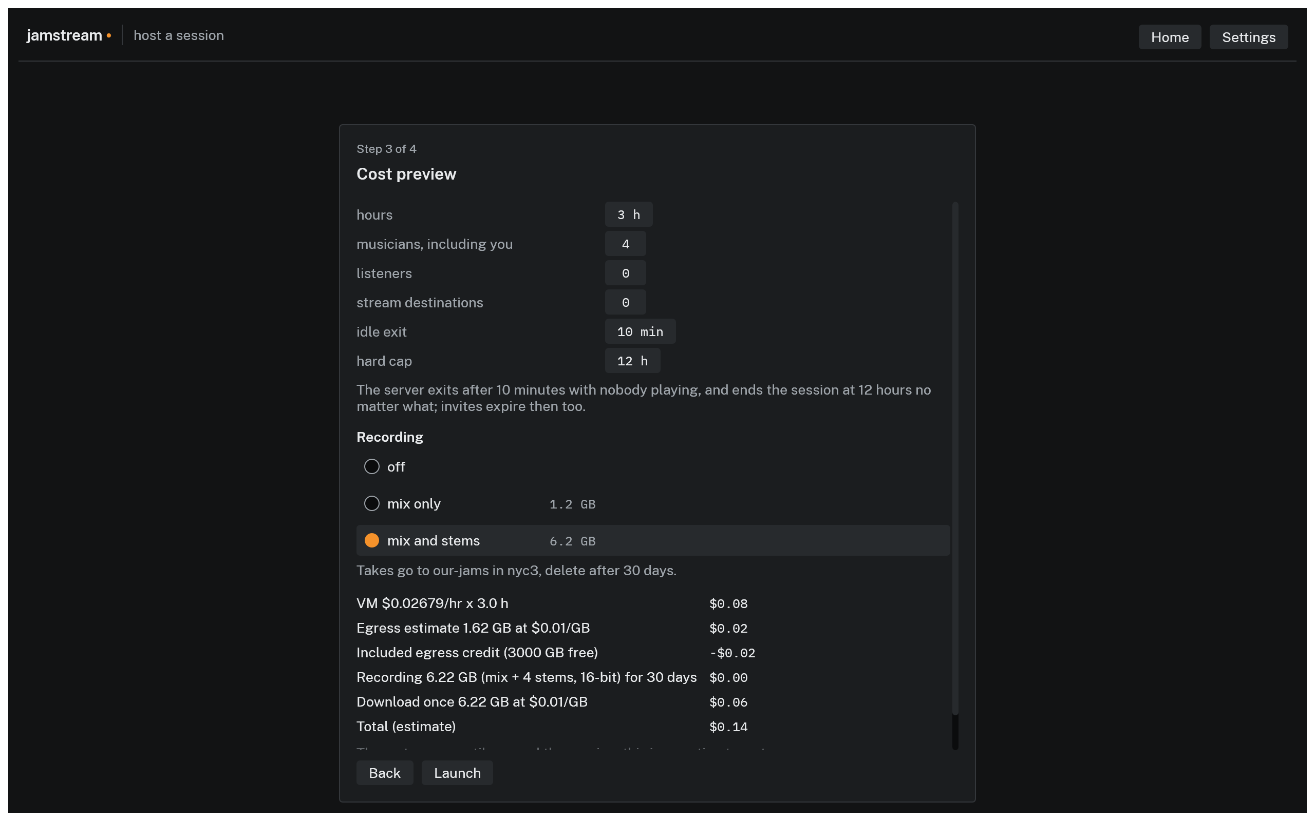 Wizard step 3 of 4 with mix and stems selected, the bucket named under it, and the recording lines in the estimate