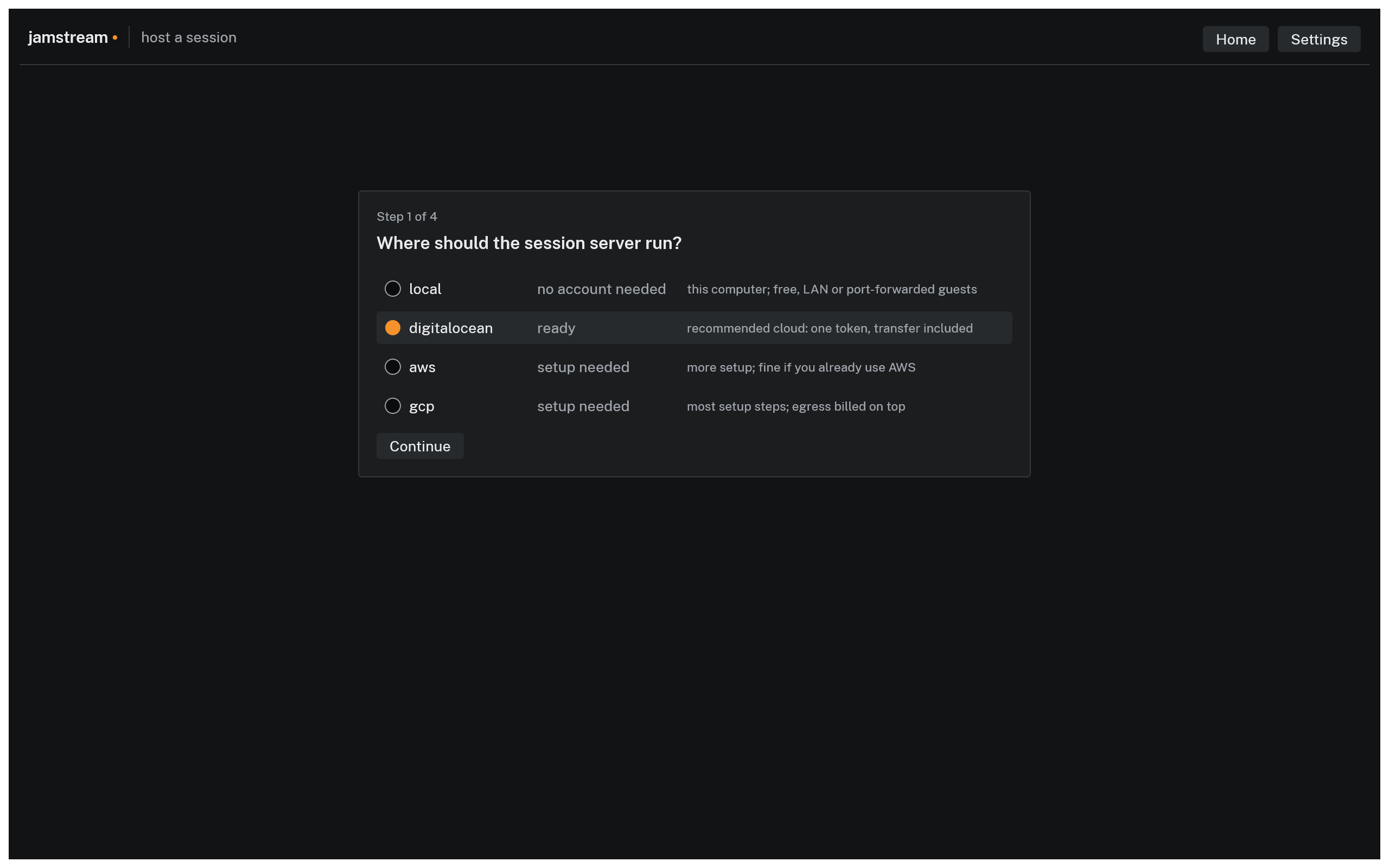 Wizard step 1 of 4 listing local, digitalocean, aws, and gcp with their setup status