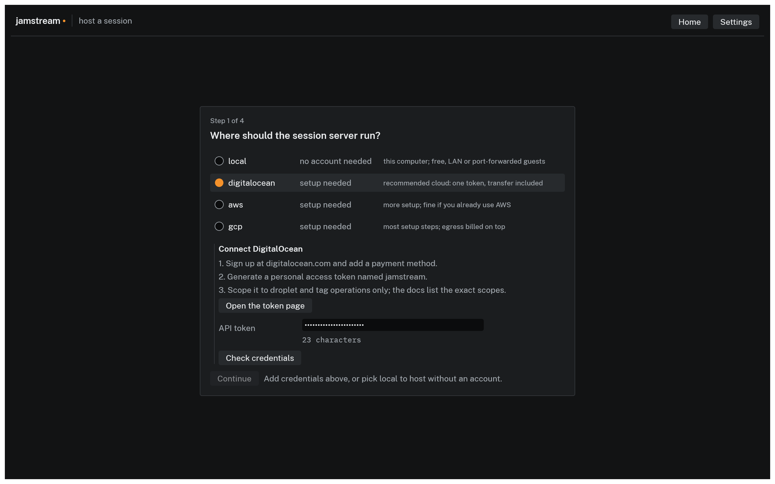 Wizard step 1 with the Connect DigitalOcean pane open: numbered steps, a token field, and a check credentials button