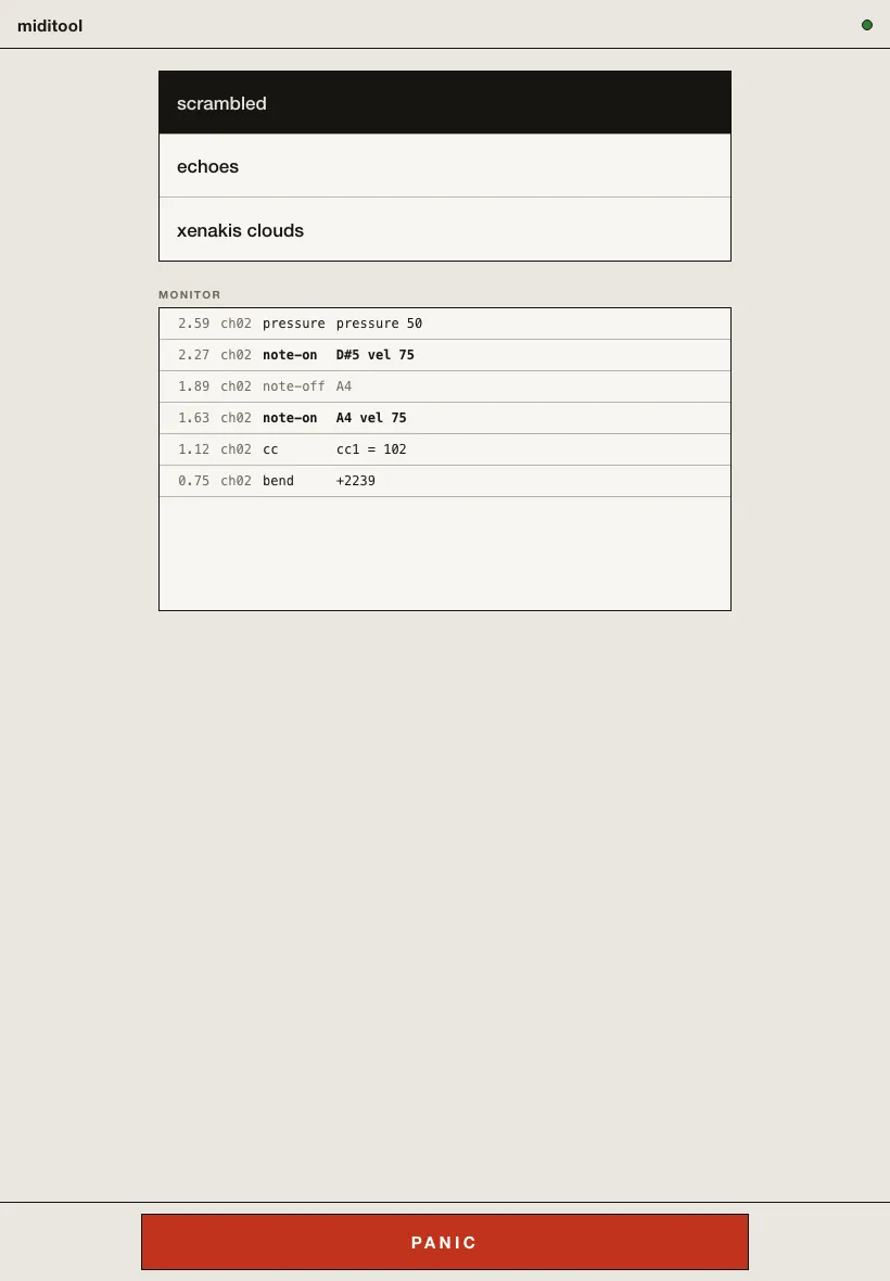 The remote on an iPad in portrait: the same scene keys, monitor tape, and PANIC switch in one centered column with wide margins.